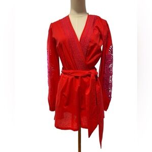 Chelsea & Violet Boho Embroidered Lace Sleeve Romper Red Pink M